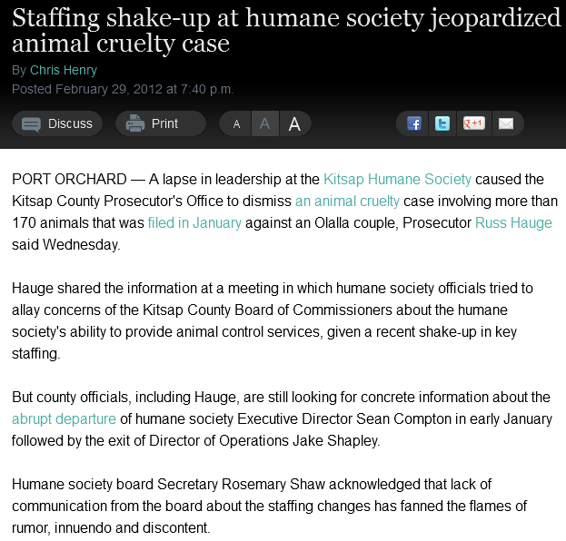 Staffing shake-up at humane society jeopardized animal cruelty case » Kitsap Sun feb29
